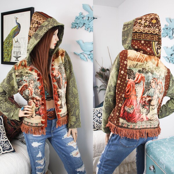 Renaissance Angel TAPESTRY JACKET Antique Brocade Rug Coat UPCYCLED Vintage Velvet Hooded Bomber Eco Fashion Country Chic Romantic Fashion