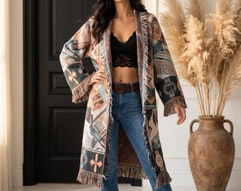 Upcycled Cigar-Themed Blanket Coat, Fringe Kimono Jacket, Smoking Jacket Gift
