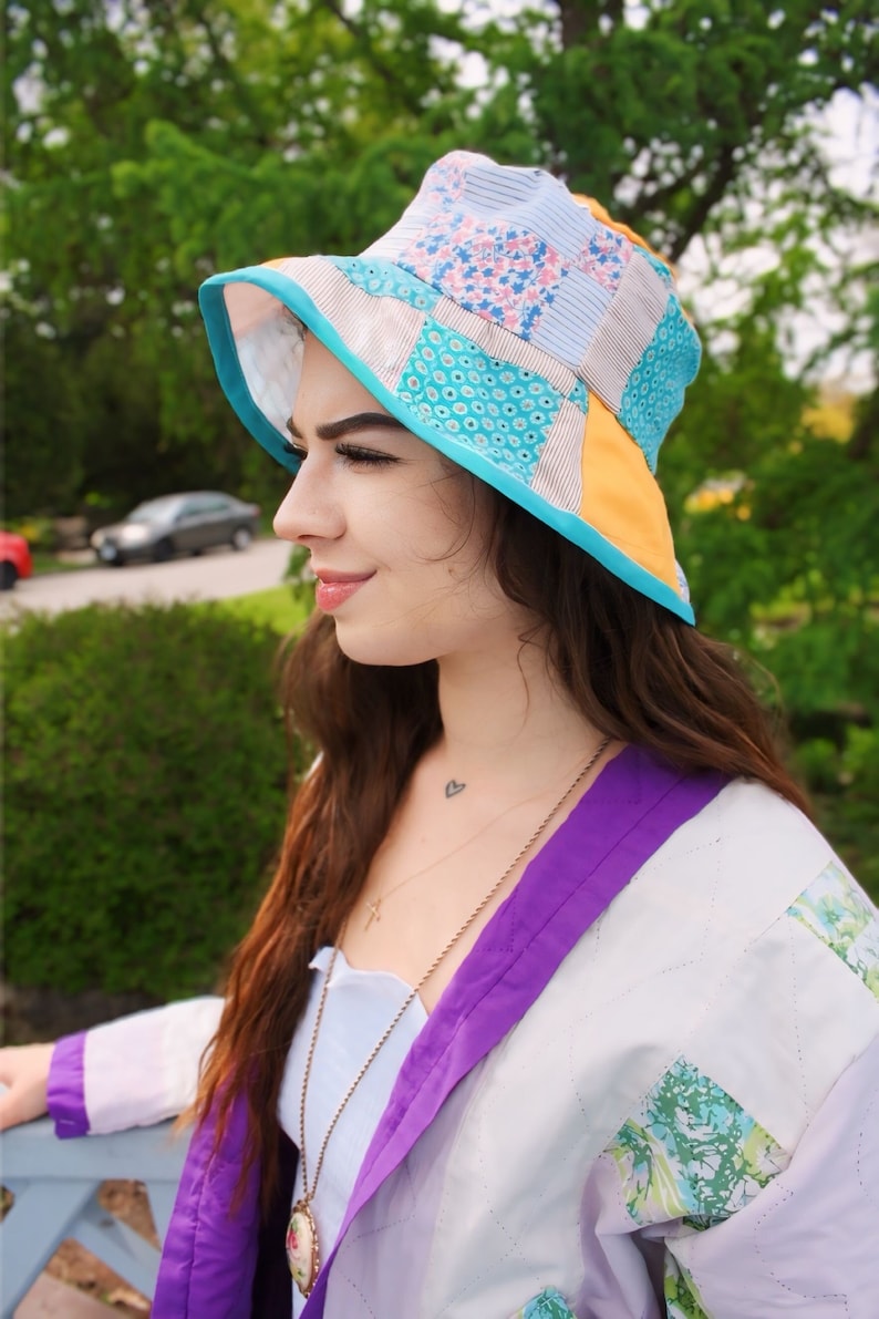 Vintage PATCHWORK BUCKET HAT Retro 1970's Quilt Hat Bohemian UpCycled Fashion Womens Birthday Gift Summer Beach Hat image 1