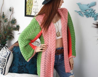 Summer Watermelon Cardigan, Cozy Upcycled Retro Crochet Sweater – Boho Hippie Eco Fashion