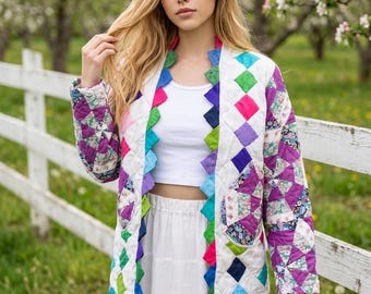 UPCYCLED Quilted Jacket , Vintage Chore Coat Cottagecore Bohemian Patchwork Clothing