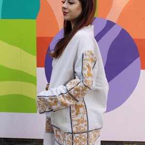 ETHNIC Cotton KIMONO Mustard Embroidered Deer Linen UPCYCLED Duster Boho Hippie Quirky Fashion Jacket image 9