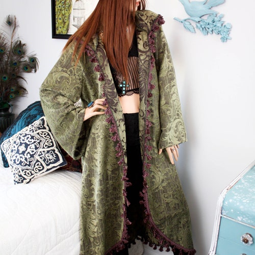 Long Moss Green Medieval HOODED TAPESTRY ROBE Bell Fringe Kimono, Vintage shops Retro Jacket, UpCycled Blanket Womens Eco Fashion Cloak size Large