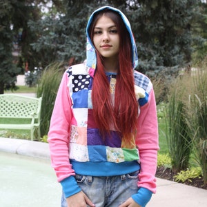 QUILTED PATCHWORK HOODIE UpCycle Eco Fashion Hippie Crop Sweater image 1