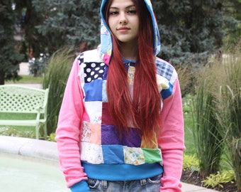 QUILTED PATCHWORK HOODIE UpCycle Eco Fashion Hippie Crop Sweater