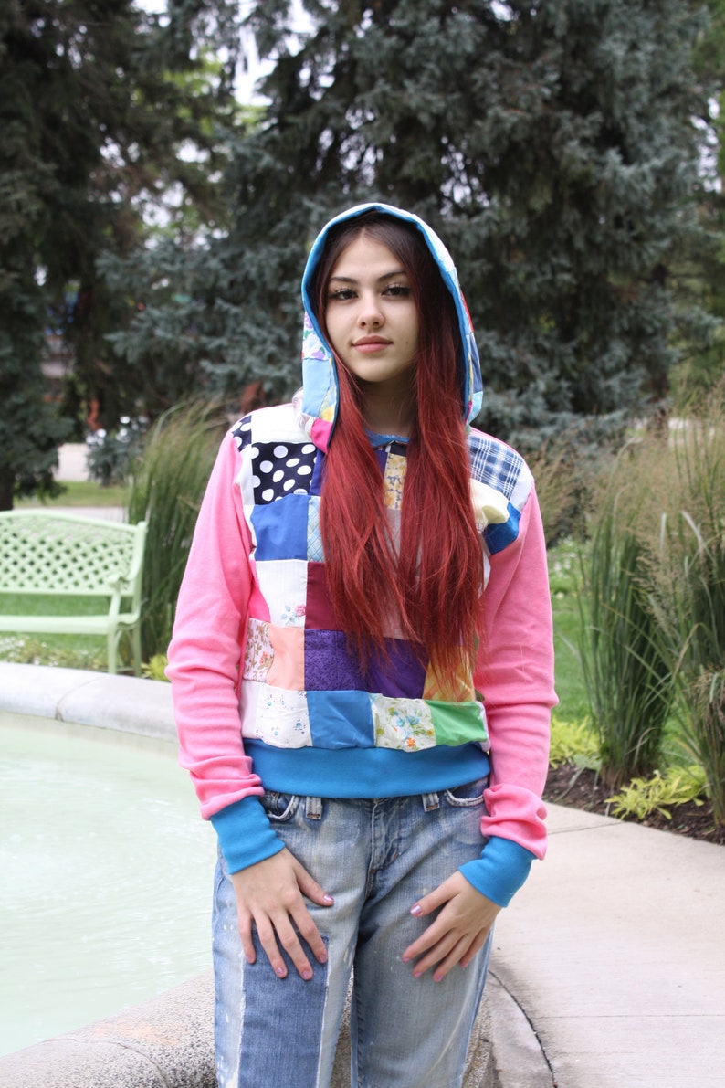 QUILTED PATCHWORK HOODIE UpCycle Eco Fashion Hippie Crop Sweater image 1