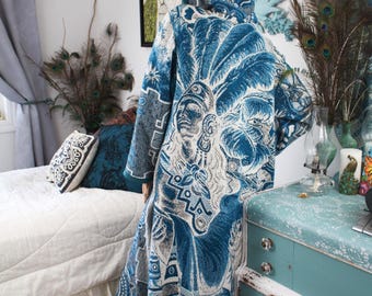 Upcycled Native Warhead Hooded Tapestry Jacket - Vintage Ethnic Southwestern Festival Bohemian Cottagecore Clothing