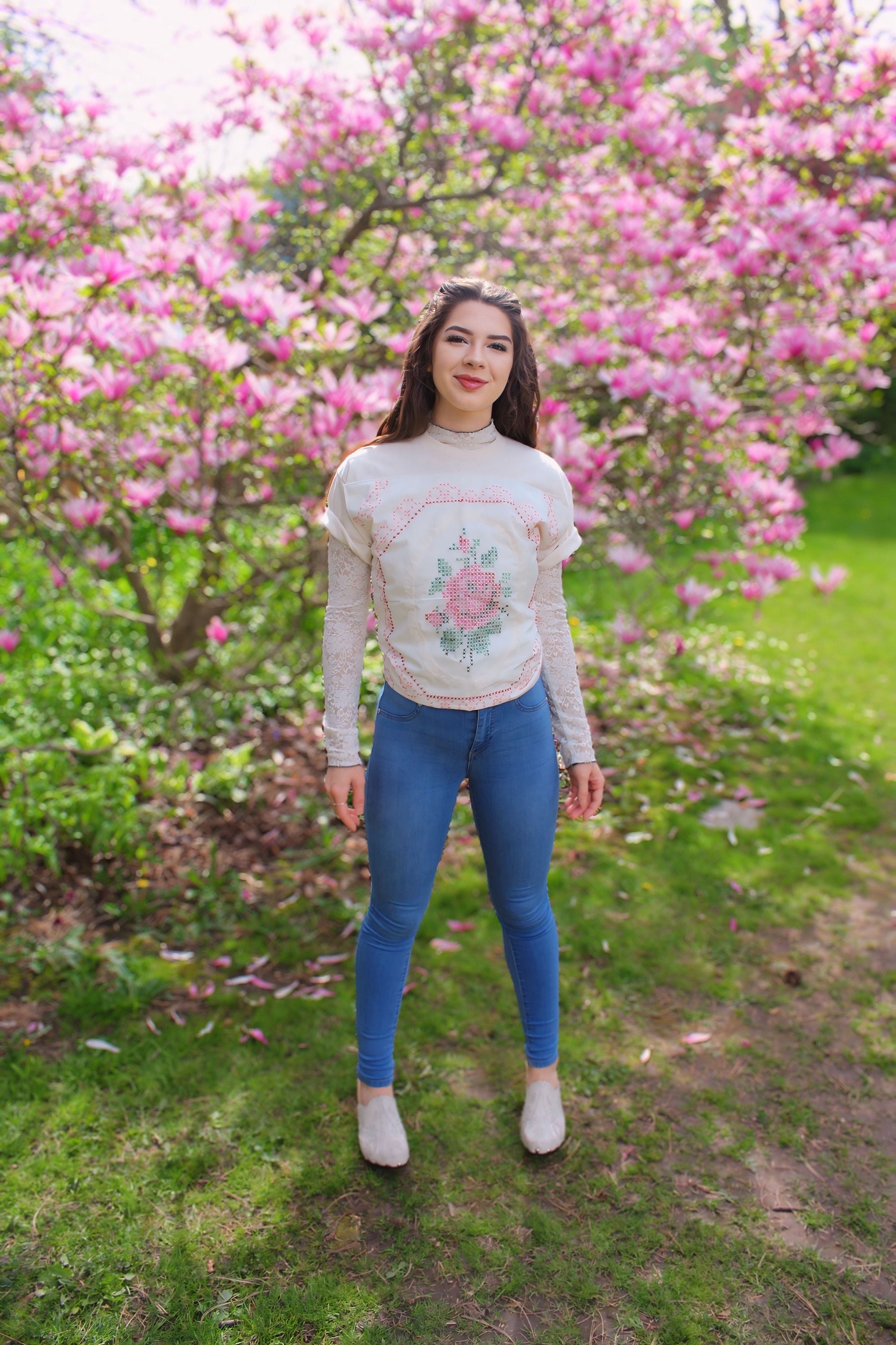 Embroidered Floral Patchwork T-shirt: Upcycled Quilt Top