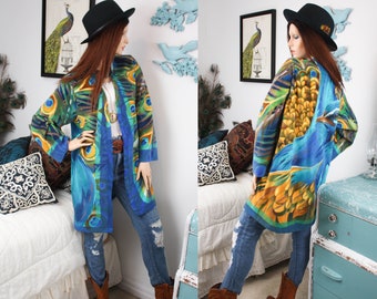 PEACOCK KIMONO ROBE | Bright Teal Fleece Duster | Bohemian Jacket | Womens Festival Clothing