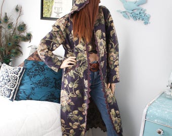 FLORAL TAPESTRY JACKET, Vintage Bohemian Hooded Cloak with Rose Design
