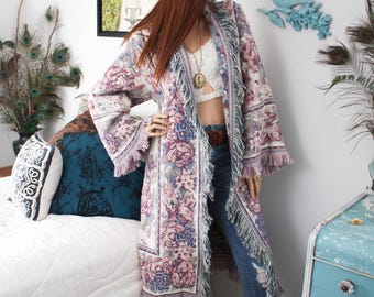 UpCycled Floral Tapestry Jacket: Eco Fahion Kimono, Fringe Cardigan for Bohemian Cottagecore Style