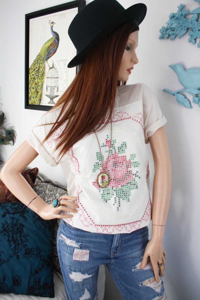 Upcycled QUILT Patch TSHIRT Cotton Short Sleeve Tee Bohemian Clothing for Women Eco Fashion Cross Stitch Rose Quilt Top image 2