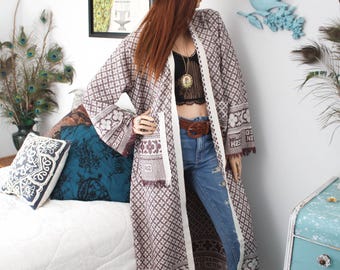 Bohemian Ethnic Kimono Robe, Geometric Design Cover Up Mediumweight Kaftan Wrap