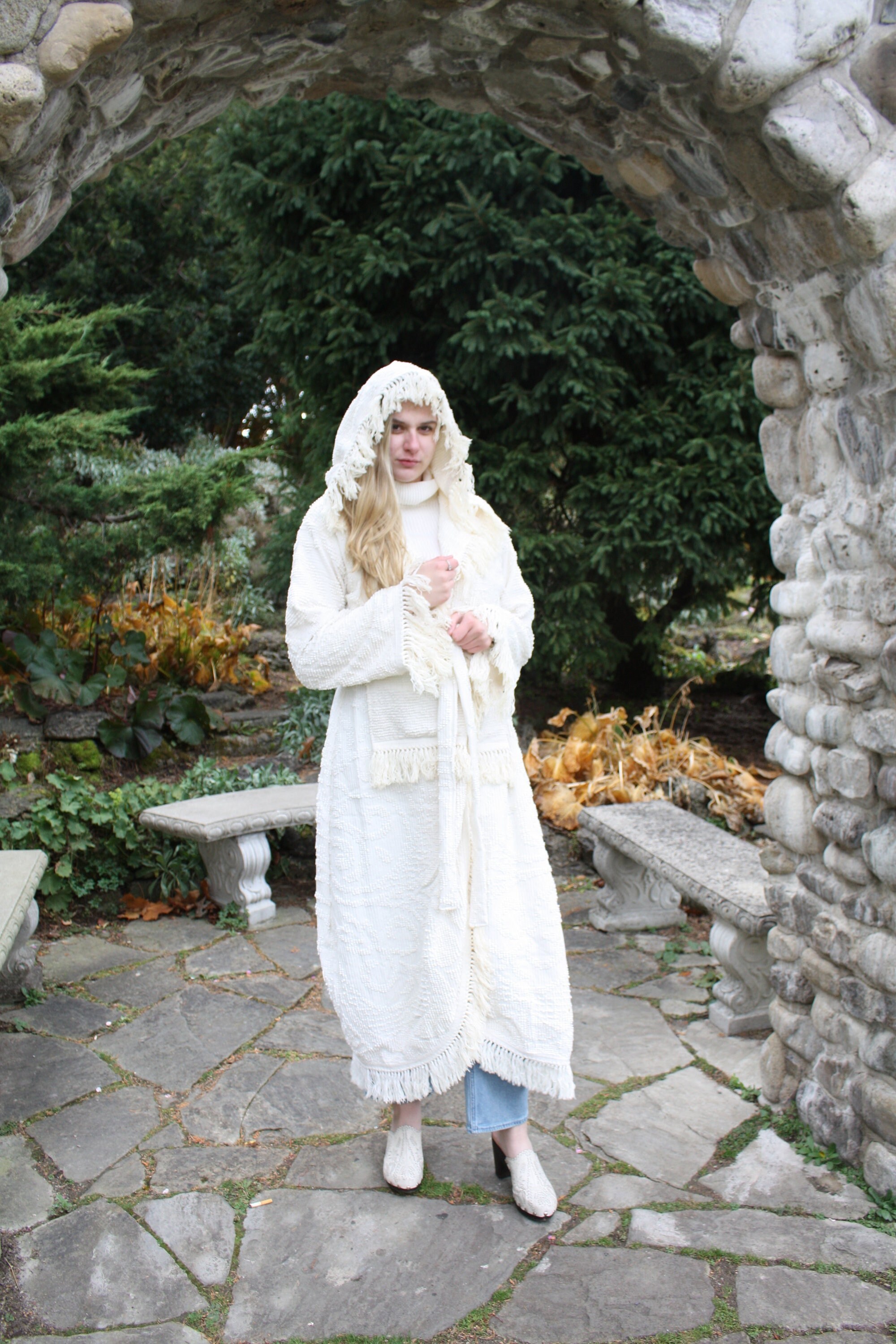 Cotton CHENILLE ROBE Hooded Fringe Cardigan Upcycled