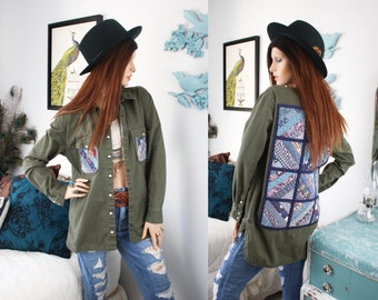 Patchwork UpCycled DENIM Jacket |  QUILT Patch Shirt | Bohemian Clothing for Women | Eco Fashion | Khaki Jean Jacket Top