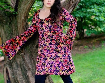 Bohemian Floral Velvet Bell Sleeve Dress - Festival Retro 70s Hippie Boho Style Tunic