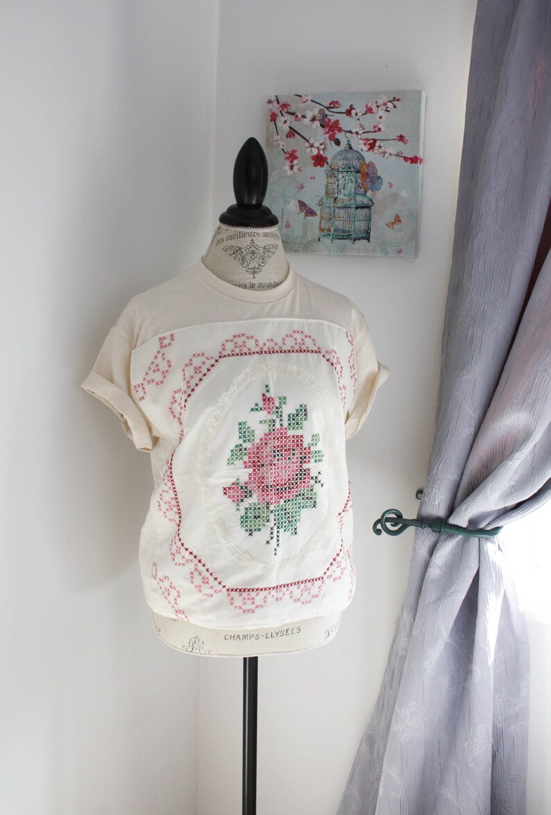 Upcycled QUILT Patch TSHIRT Cotton Short Sleeve Tee Bohemian Clothing for Women Eco Fashion Cross Stitch Rose Quilt Top image 3