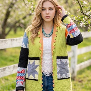 May include: A lime green quilted jacket featuring a patchwork design on the sleeves and pockets with star motifs, a scalloped orange trim along the front opening and hem, a white lace-trimmed top, blue jeans, and a multi-strand turquoise beaded necklace.