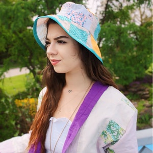 Vintage PATCHWORK BUCKET HAT Retro 1970's Quilt Hat Bohemian UpCycled Fashion Womens Birthday Gift Summer Beach Hat image 4