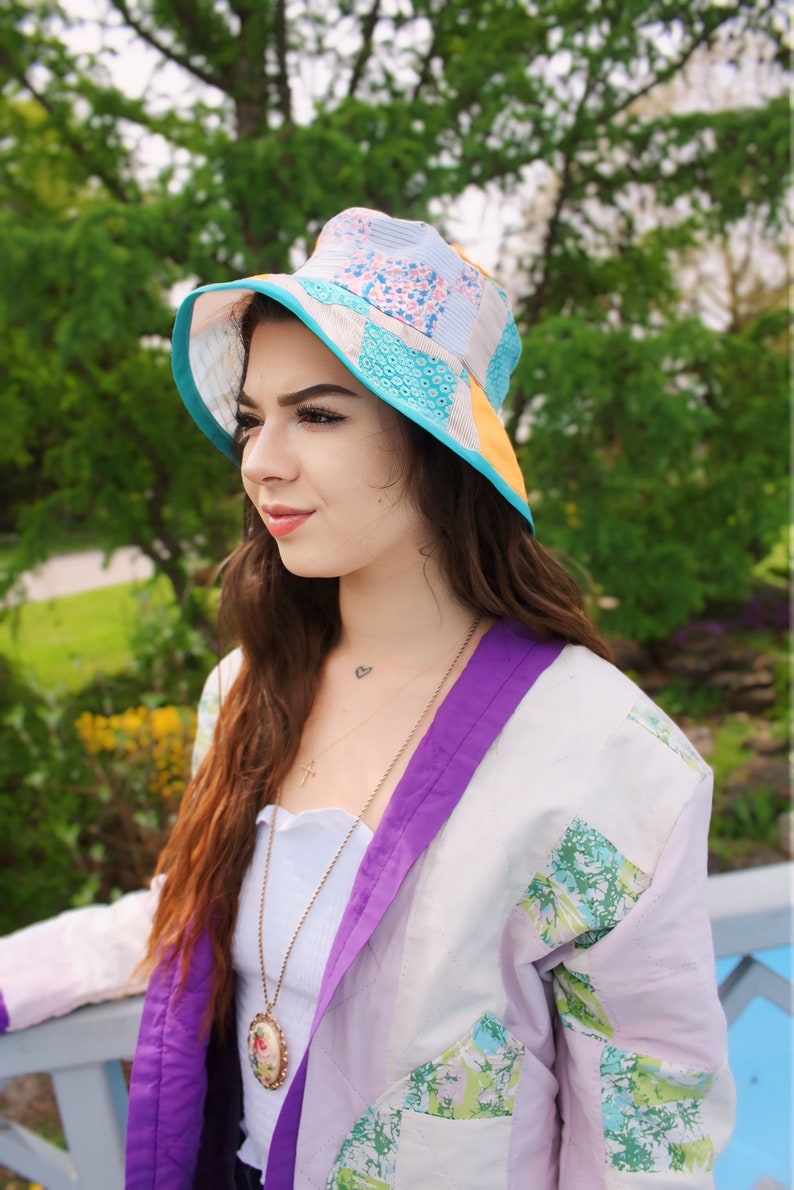 Vintage PATCHWORK BUCKET HAT Retro 1970's Quilt Hat Bohemian UpCycled Fashion Womens Birthday Gift Summer Beach Hat image 4