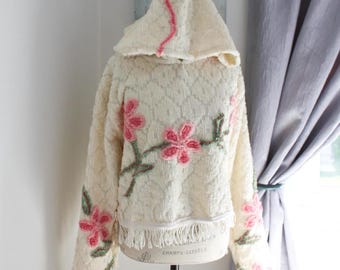 Upcycled Fleece Crop Hoodie Floral Patchwork Bohemian Cottagecore Sustainable Women's Sweater