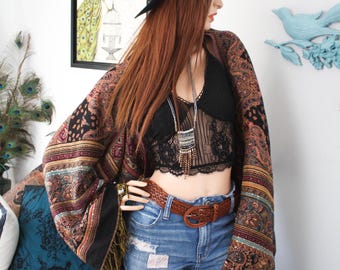 Sequin Mandala Kimono Shrug - Bohemian Festival Cover Up Bolero with Sparkly Beaded Details