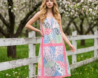 STAR QUILTED Feedsack Print Dress, Upcycled Prairie SKIRT, Floral Sundress, Cottagecore Summer Frock