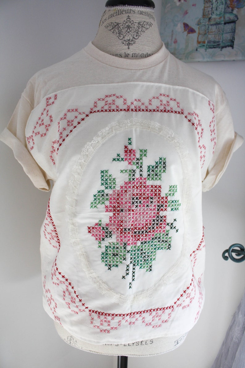 Upcycled QUILT Patch TSHIRT Cotton Short Sleeve Tee Bohemian Clothing for Women Eco Fashion Cross Stitch Rose Quilt Top image 8