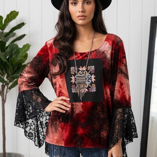 VELVET TOP Burgunderfarbene bestickte Tunika mit Spitzenärmeln und Eco Upcycled Design