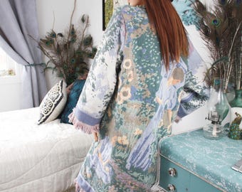 Cardigan tournesol recyclé, manteau de pluie parapluie, kimono bohème avec franges pour les amateurs d'art naturel