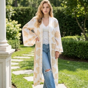 Bohemian Embroidered Kimono: Eco Fashion Duster, Upcycled Cotton Bell Sleeves, Festival Wear, Eco-Friendly Robe