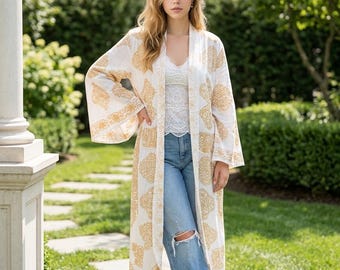Bohemian Embroidered Kimono Duster | Upcycled Cotton Bell Sleeves | Eco-Friendly Festival Robe | Handmade Spiritual Cardigan