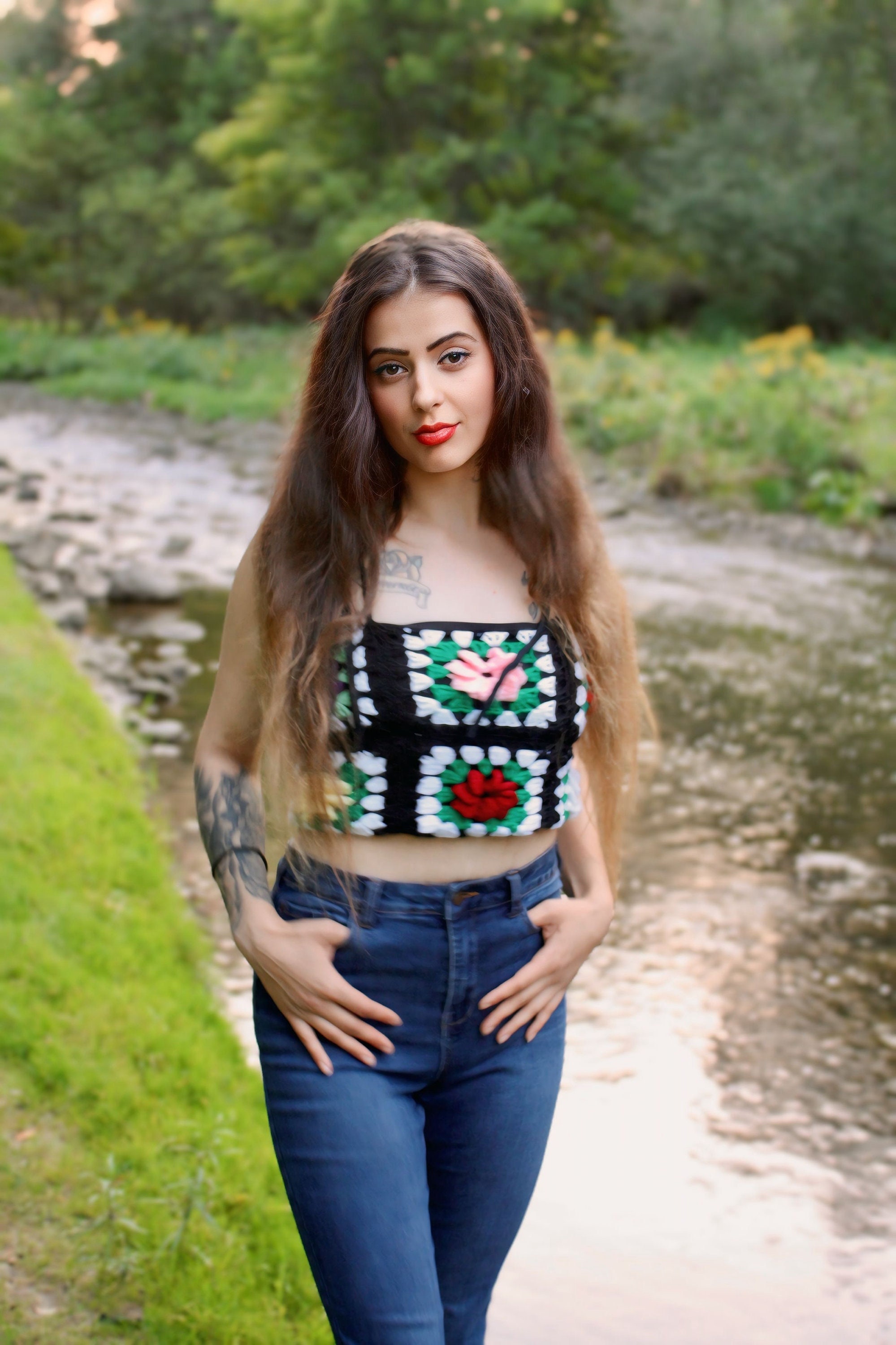 GRANNY SQUARE TOP, Vintage Rose Crochet Tube Top: Quirky Bohemian Festival Wear