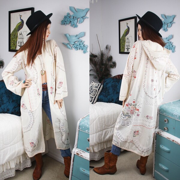 Retro Rose KIMONO | Bohemian Floral Gypsy Duster | UpCycled Vintage Tablecloth | Bell Sleeve Festival Clothing | Womens Clothing Gift