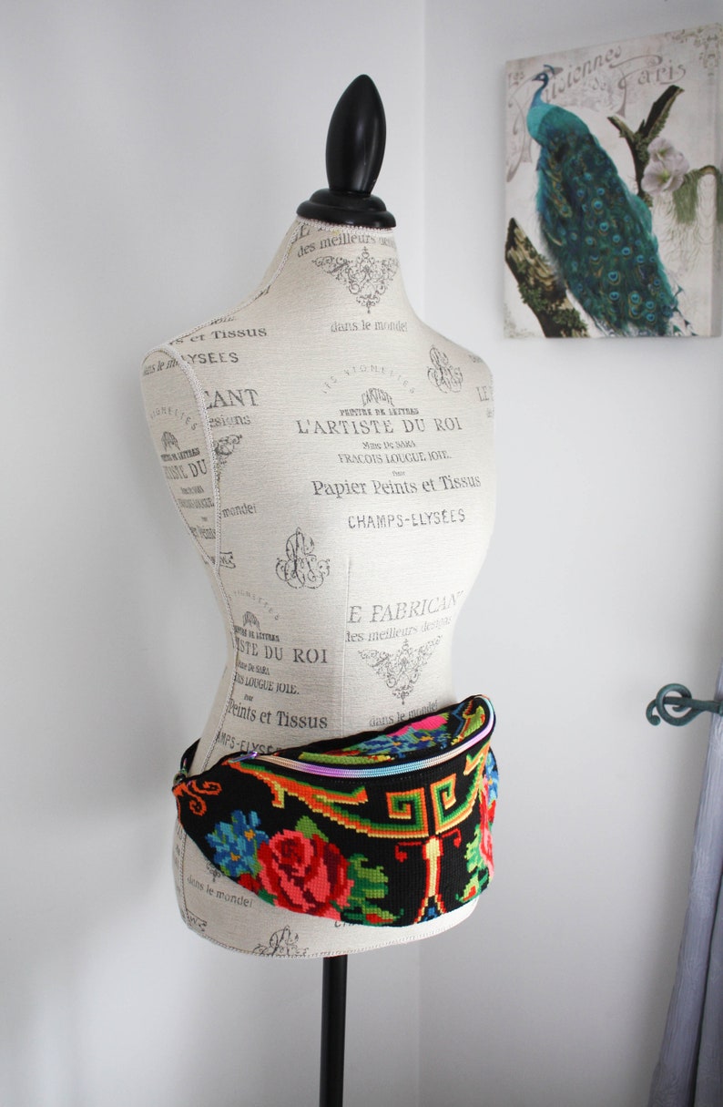 Rose TAPESTRY FANNY PACK Boho UpCycled Fanny Adjustable Rainbow Cross Body Bag Needlepoint Fanny Bag Festival Bag Valentines Gift image 5