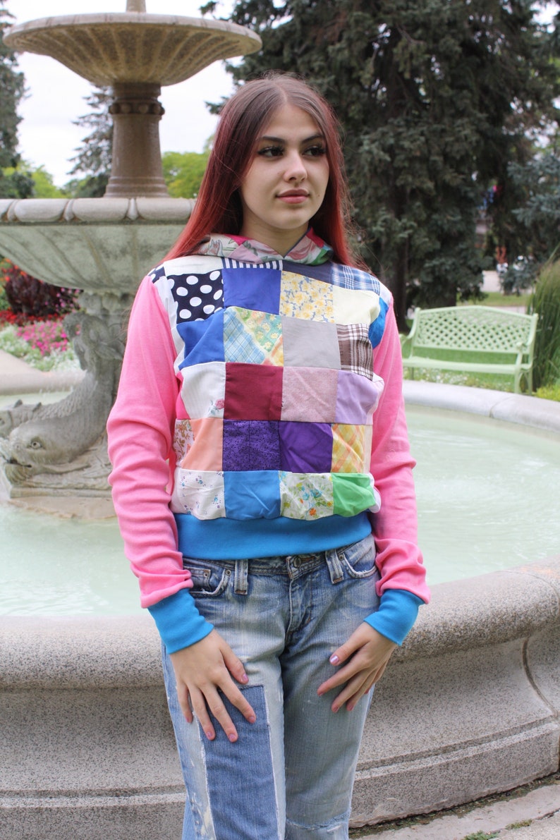 QUILTED PATCHWORK HOODIE UpCycle Eco Fashion Hippie Crop Sweater image 4