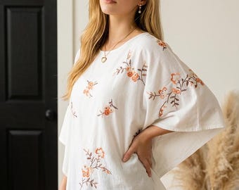 Embroidered Floral Blouse Handcrafted Upcycled Cottagecore Tunic Eco Sustainable Boho Festival Top