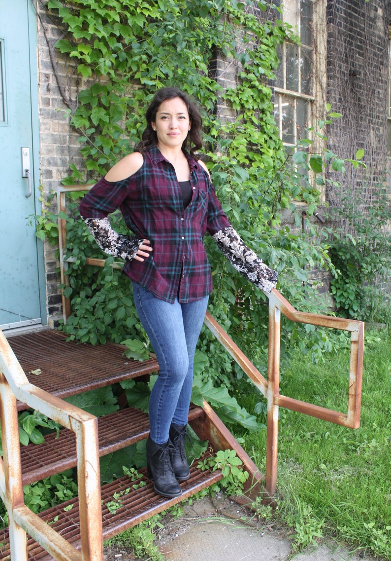 BELL SLEEVE UpCycle PLAID shirt paisley lace top cold Etsy
