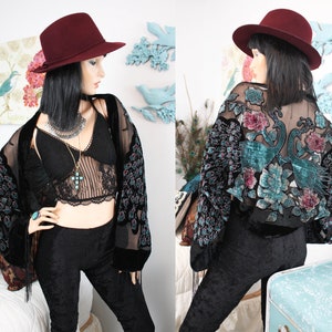 PEACOCK VELVET SHRUG | UpCycled Festival Bolero | Boho Goth Kimono | Sheer Cover up