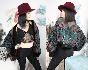 PEACOCK VELVET SHRUG / UpCycled Festival Bolero / Boho Goth Kimono / Sheer Cover up