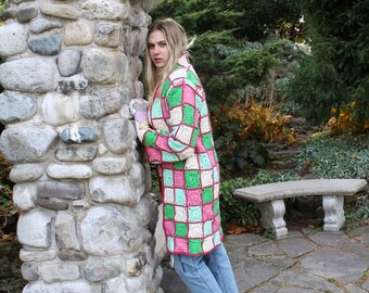 RAINBOW Granny Square CARDIGAN | UpCycled Colour Block Chunky Sweater | Eco Refashion Quirky Clothing | Bohemian Cottagecore