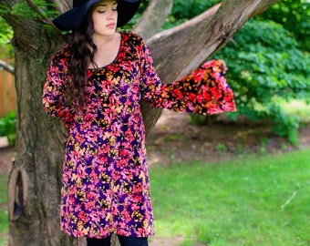 Bohemian Floral Velvet Bell Sleeve Dress - Festival Retro 70s Hippie Boho Style Tunic