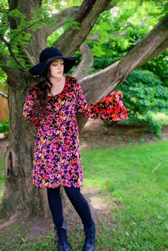 Festival 70s Hippy Dress Bohemian Floral Velvet Bell Sleeve Dress Festival  Retro 70s Hippie Boho Style