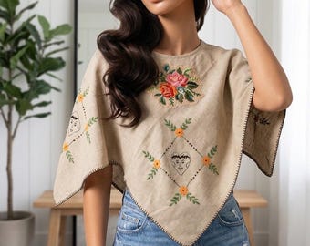 Vintage-Inspired French Linen Embroidered Blouse: Eco-Friendly Boho Festival Wear with Wool