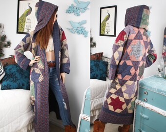 COTTAGECORE QUILT JACKET | UpCycled Country Star Quilt Coat | Hooded Country Chic Kimono | Womens Ethical Eco Friendly Clothing