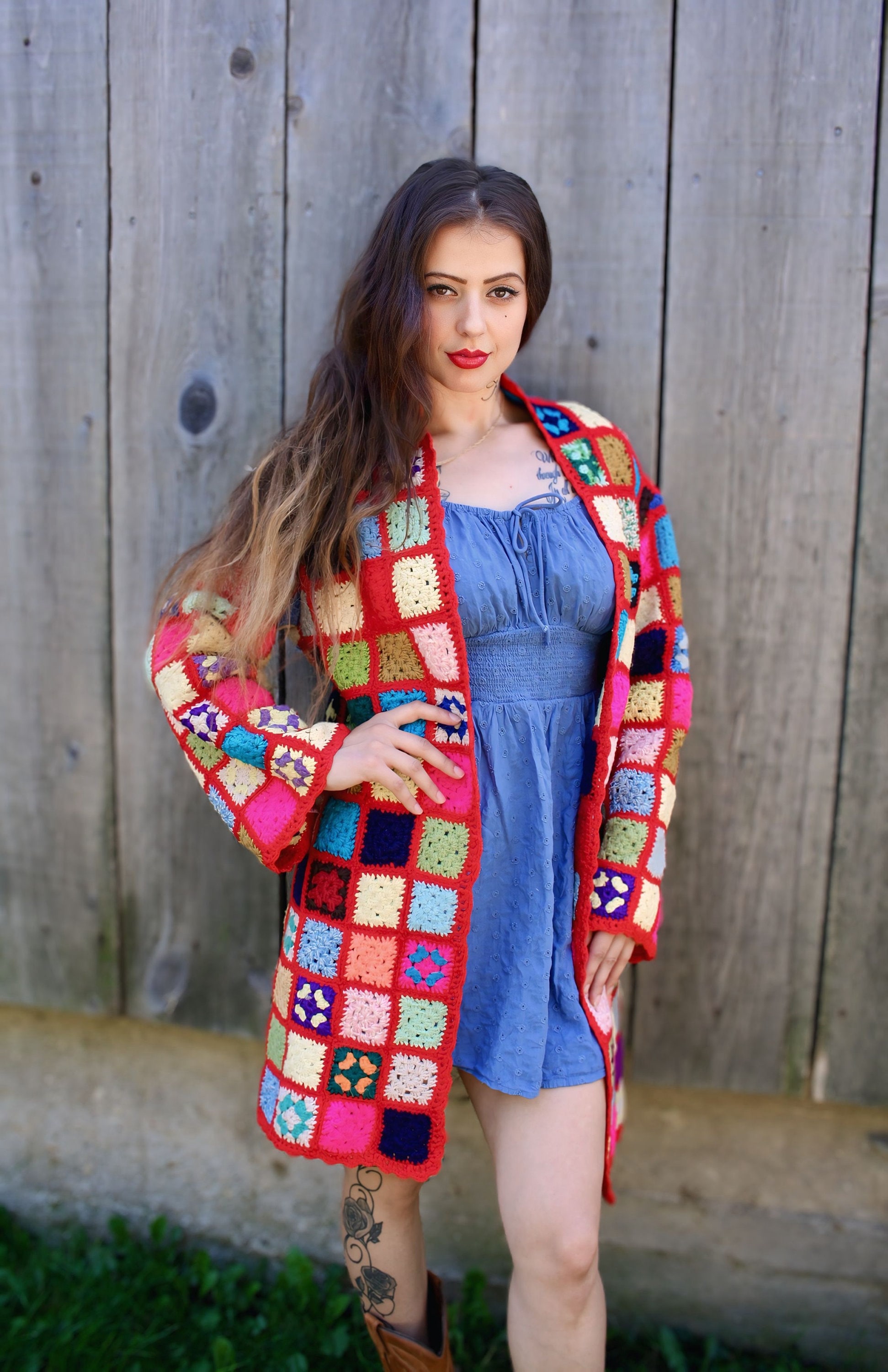 Granny Square Cardigan Rainbow Patchwork Sweater Vintage