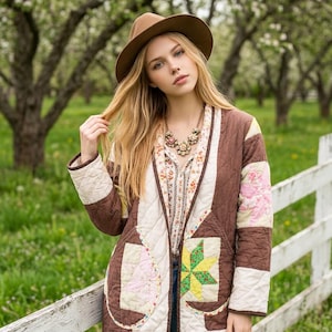 Handmade Quilted Patchwork Jacket Vintage Chore Coat Eclectic Rainbow Retro Kimono Bohemian Festival Cottagecore