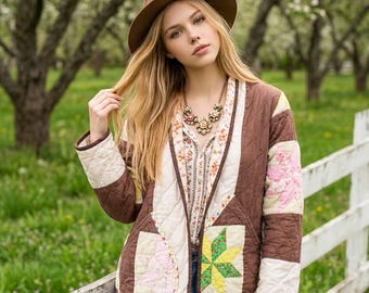 Handmade Quilted Patchwork Jacket Vintage Chore Coat Eclectic Rainbow Retro Kimono Bohemian Festival Cottagecore