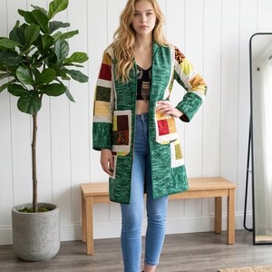 Vintage Patchwork Earth Tones Kimono Jacket | Hippie Eclectic Cottagecore Chore Coat