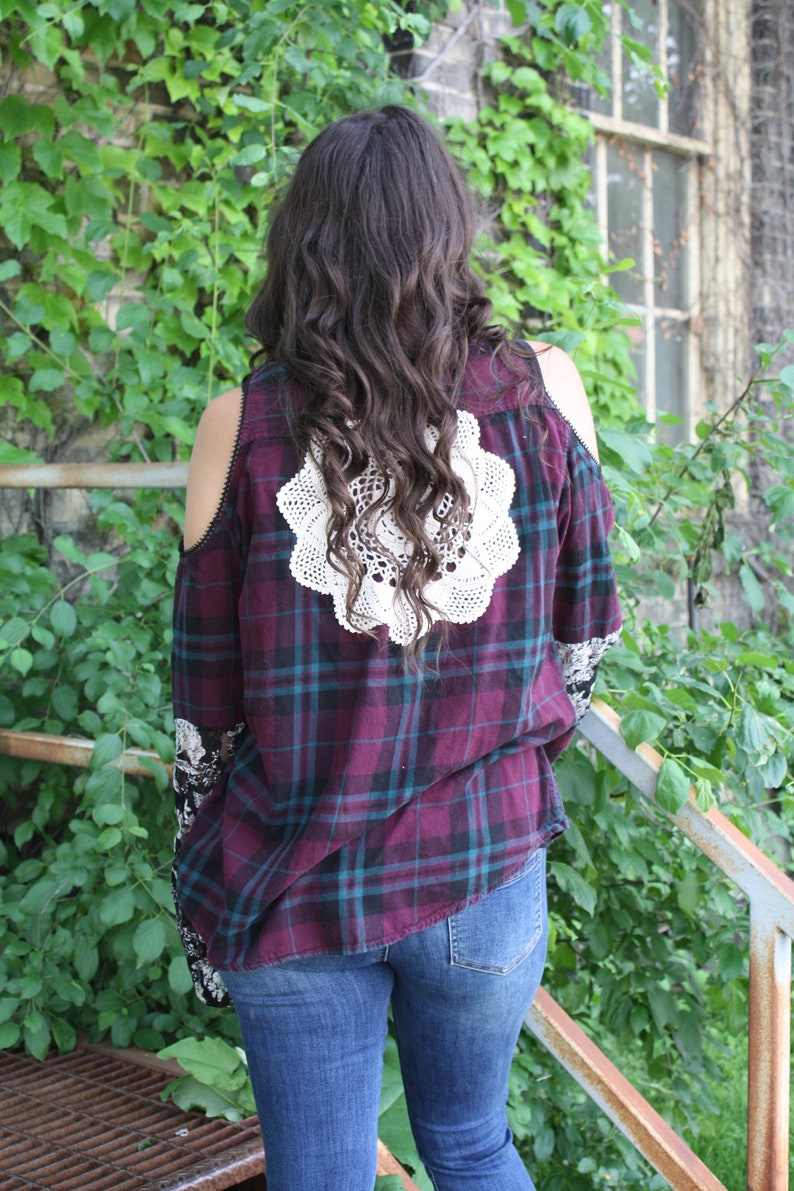 BELL SLEEVE UpCycle PLAID shirt paisley lace top cold Etsy